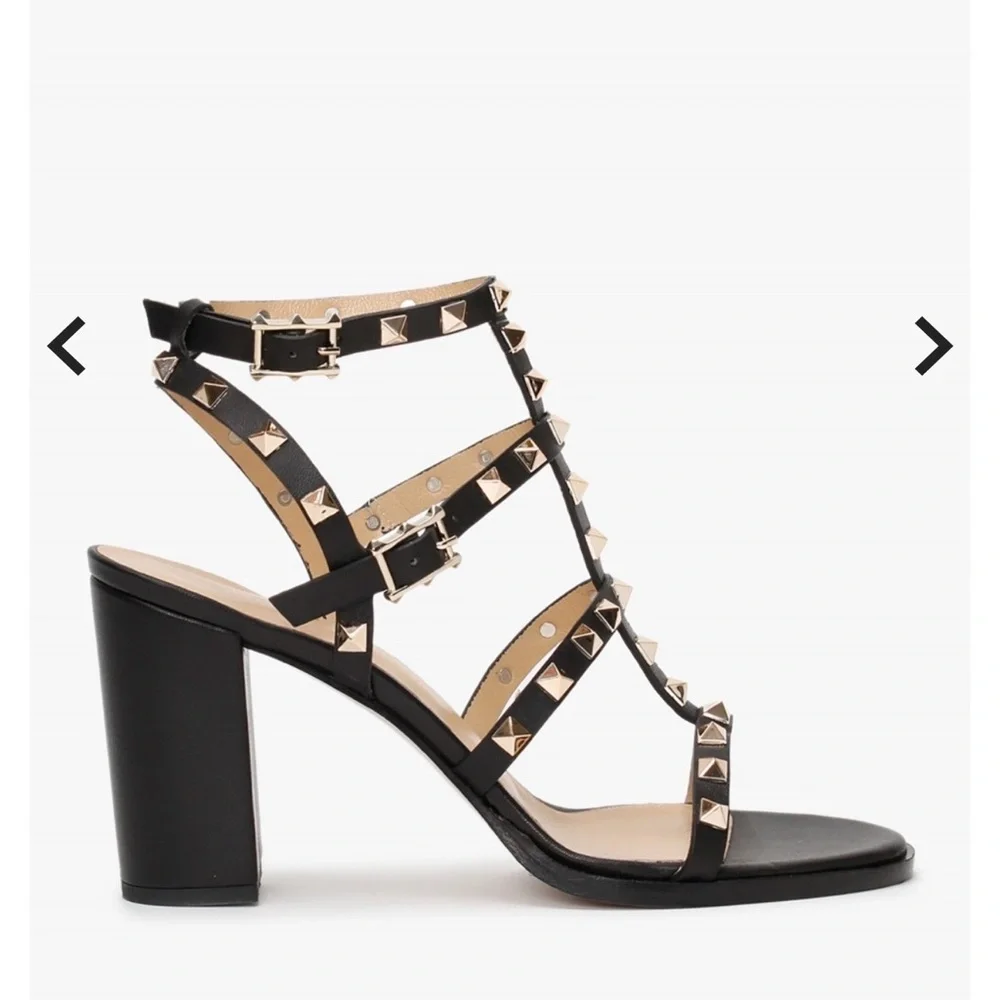 Black Leather Studded Block Heeled Sandals with gold studs - Picture 3 of 6